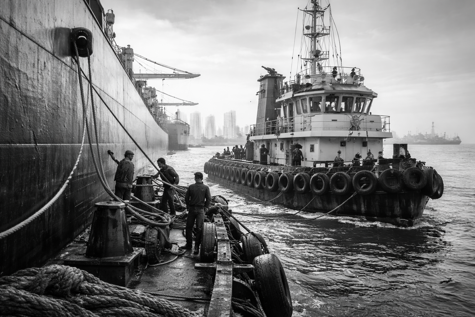 Harbor Tug Assisting Cargo Vessel at Port