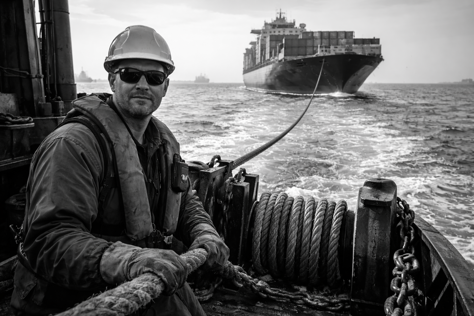 Professional Tugboat Crew During Ship Towage