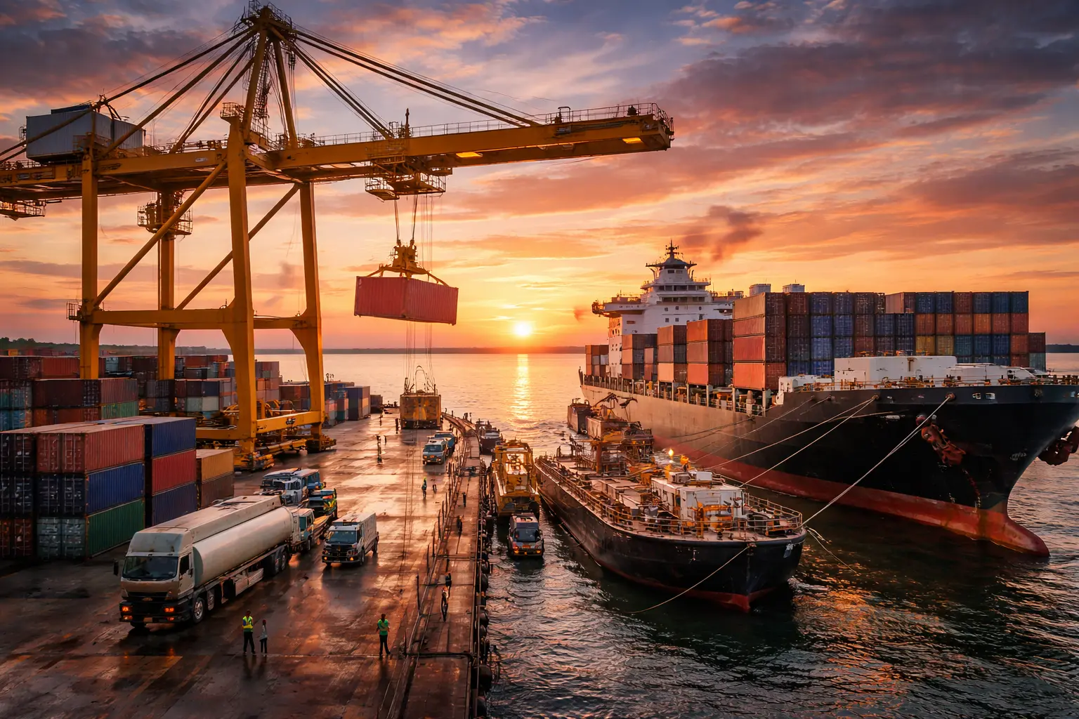 a wide angle shot of a quay wane lifting ma a container from vessel or a crane bunkering